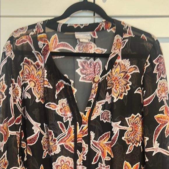 Liz Claiborne Signature Women Floral Sheer V-Neck Long Sleeve Sheer Blouse - Picture 3 of 13